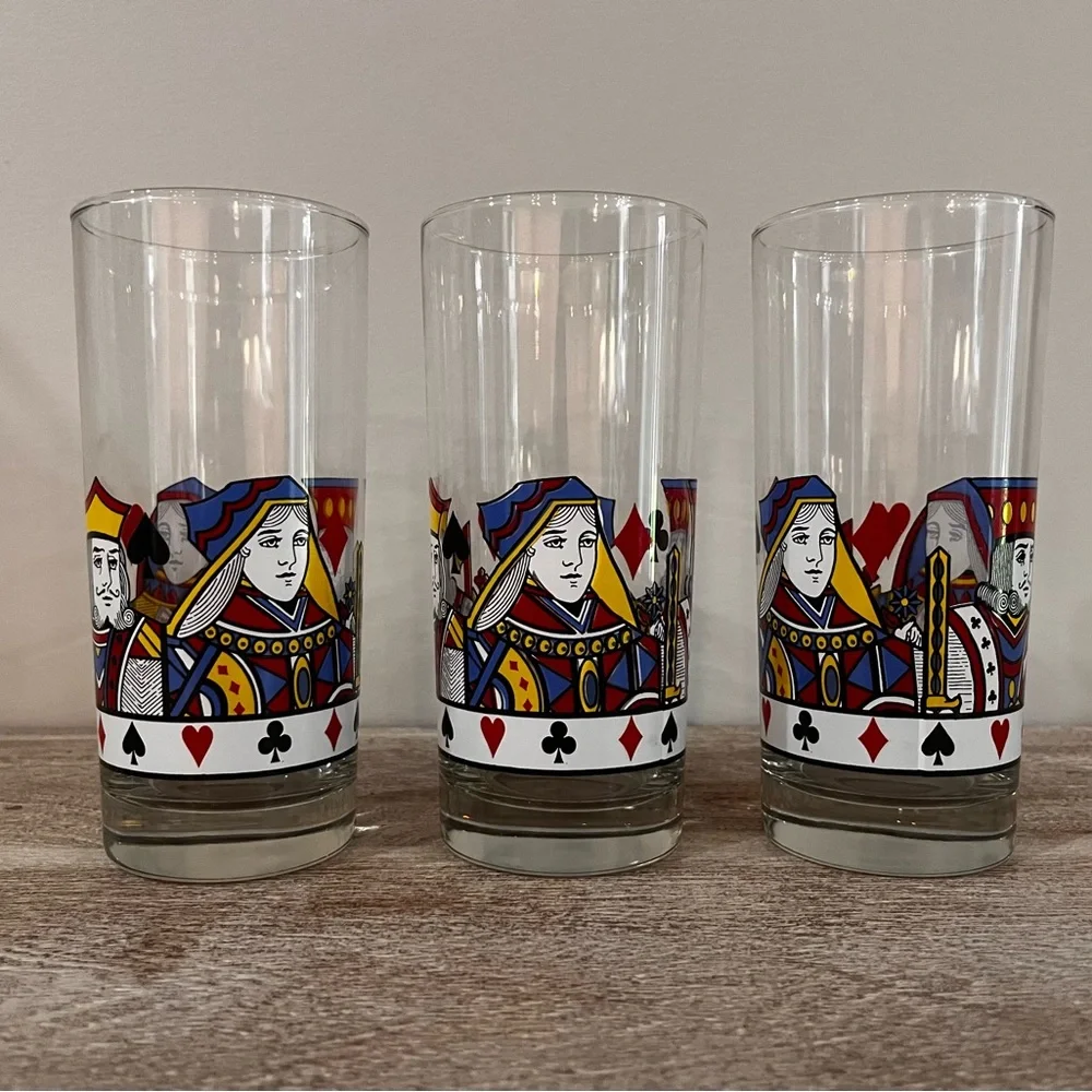 Vintage Libbey King Queen Playing Card Themed Glassware -Set of 3-